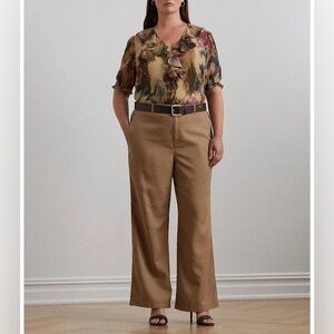 Lauren Ralph Lauren Honey Tan Canvas Wide-Leg High Rise Pants 14W NWT